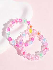 2pcs/Set Cute Girls Transparent Multicolor Floral Beaded Elastic Bracelet Set, Daily Party Accessories - Multicolor - View 11