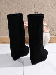Women's Black Suede Tall Boots, Slip-On Straight Leg Wedge Heel Thick Sole Fashion Boots - Black - View 5