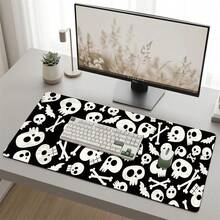 Black Background White Skull And Bone Pattern Gaming Mouse Pad, Anti-Slip Rubber Desktop Mat, Smooth Sliding Surface For PC Laptop Office Home, Gothic Abstract Art Decor, Back To School Supplies - A - View 3