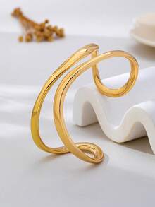 3pcs/1pc Set Minimalist Gold-Tone Asymmetric Geometric Pattern Thick Textured Bangle Set, Suitable For Women, Chunky Smooth Matte Metal And Zinc Alloy Material - Yellow Gold - View 6