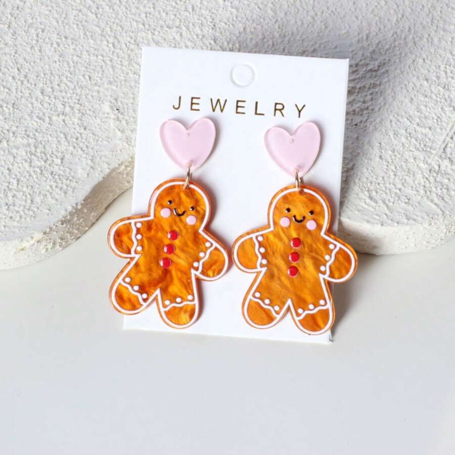 Christmas 1 Pair Gingerbread Man Water Ripple Brown Heart Acrylic Dangle Earrings, Elegant Cute Minimalist Versatile Gift For Women - Y1016 - View 1