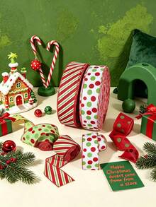 5pcs Christmas Wired Edge Ribbon Elf Hat And Leg Multi-Point Vortex Diagonal Stripe Ribbon Family Party Bow Decoration Christmas Tree Wreath Gift Packaging DIY Crafts, 2.5 Inches (Cute Style) - 1 YEAR - View 5