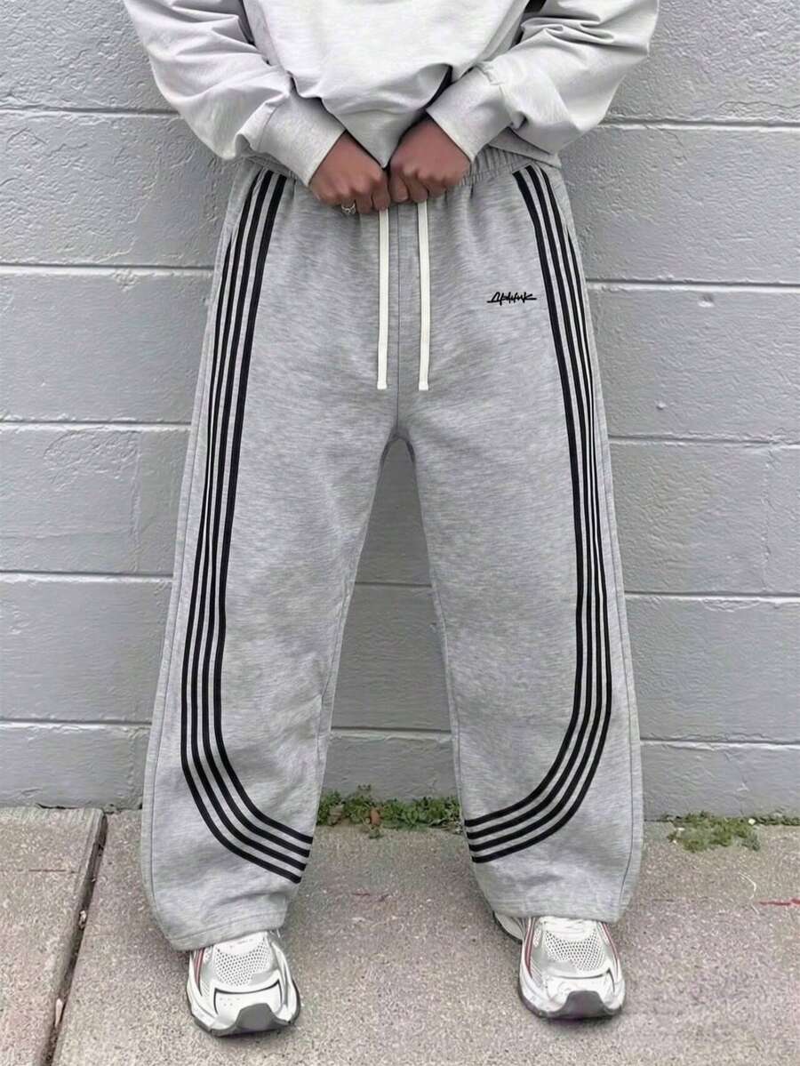 Light Gray Men's Sports Pants, Loose Fit, Wide Leg, Striped, Gym Pants, Side Stripes, Letter Print, Drawstring Waist, Sportswear - Light Grey - View 1