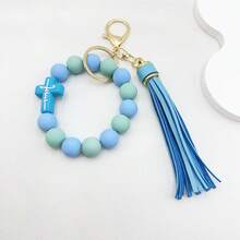 Cross Silicone Bead Bracelet Keychain, PU Tassel Wrist Key Ring, Colorful Beaded Bag Charm, Religious Faith Gift, Women's Bag Pendant - 428 - View 10