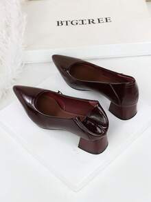 BIGTREE European And American Minimalist Pointed Toe Chunky Heel Pumps, Versatile Low Vamp Slip-On Comfortable Commute Mid-Heel High Heels For Women - Burgundy - View 4