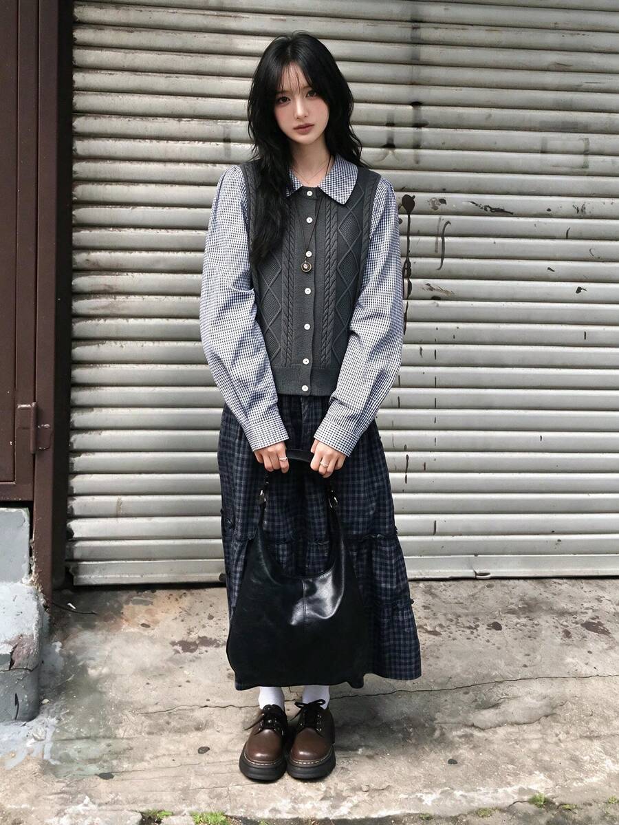 Women's Single-Breasted Casual Plaid Cable Knit Cardigan