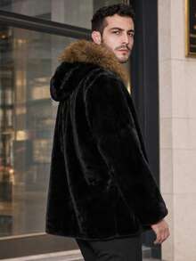 Men's Autumn/Winter Faux Fur Hooded Thick Coat - Black - View 5
