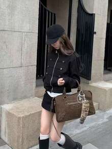 Women's Short Jacket Spring/Autumn 2026 New Black Korean Style Very Pretty Square Shoulder Versatile Napoleon Top - Black - View 4