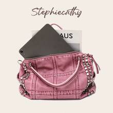 Women's Vintage Washed PU Leather Y2K Rivet Handbag & Crossbody Bag, Distressed Fashion Rivet Shoulder Bag, Large Capacity Daily Commute Travel Handbag, Streetwear - Multicolor - View 5