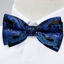 Black Background Royal Blue Paisley Pattern Pre-Tied Bow Tie, Pocket Square, Cufflinks, Lapel Pin 4-Piece Set For Business And Banquet - Black - View 3