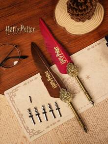 Harry Potter 1支/5支裝 哈利波特復古羽毛筆，哈利波特學校筆套組，可收藏書寫筆附替換筆尖，魔幻文具禮品，適合書迷、學生與成人，羽毛方向與尺寸隨機 [官方授權] - 彩色 - 查看 5