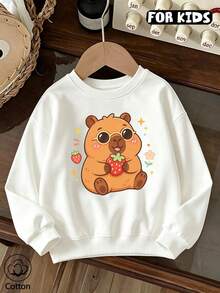 Girls Crew Neck Sweatshirt, Cute Capybara & Strawberry Cartoon Print Long Sleeve Loose Casual Pullover, Kids Fall Basic Sweatshirt - White - View 1