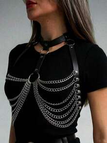 1pc Women's Gothic Style Renaissance Dark Color Accessory Suspender With Chain, Suitable For Halloween Party Or Daily Outfit Matching - Black - View 1