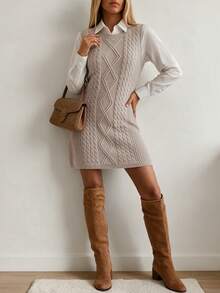 SEREN Fashion Women's Round Neck Sleeveless Cable Knit Dress, Autumn Fashion Outfit - Light Gray - View 5
