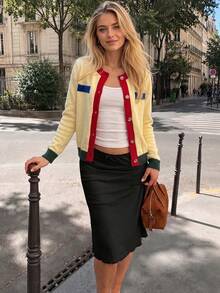 Women's Colorblock Knit Cardigan, Autumn/Winter Long Sleeve Round Neck Button-Up Sweater Top, Medium Stretch Knitwear - Yellow - View 3