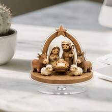2D Flat Single-Piece Rotatable Asymmetrical Acrylic Christmas Scene Desktop Ornament, With 4 Round Adhesive Dots, Wooden Arch Holy Family Donkey Cow Sheep Pattern, Christian Believer Christmas Gift, Home Small Chapel Desktop Religious Decor - A - View 6