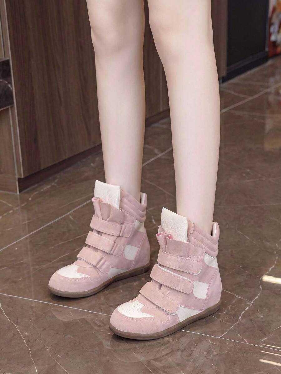 Women's Sports Shoes Invisible Height Increase Hook-And-Loop Design Fashion High-Top Casual Shoes For Daily Wear - Pink and White - View 1
