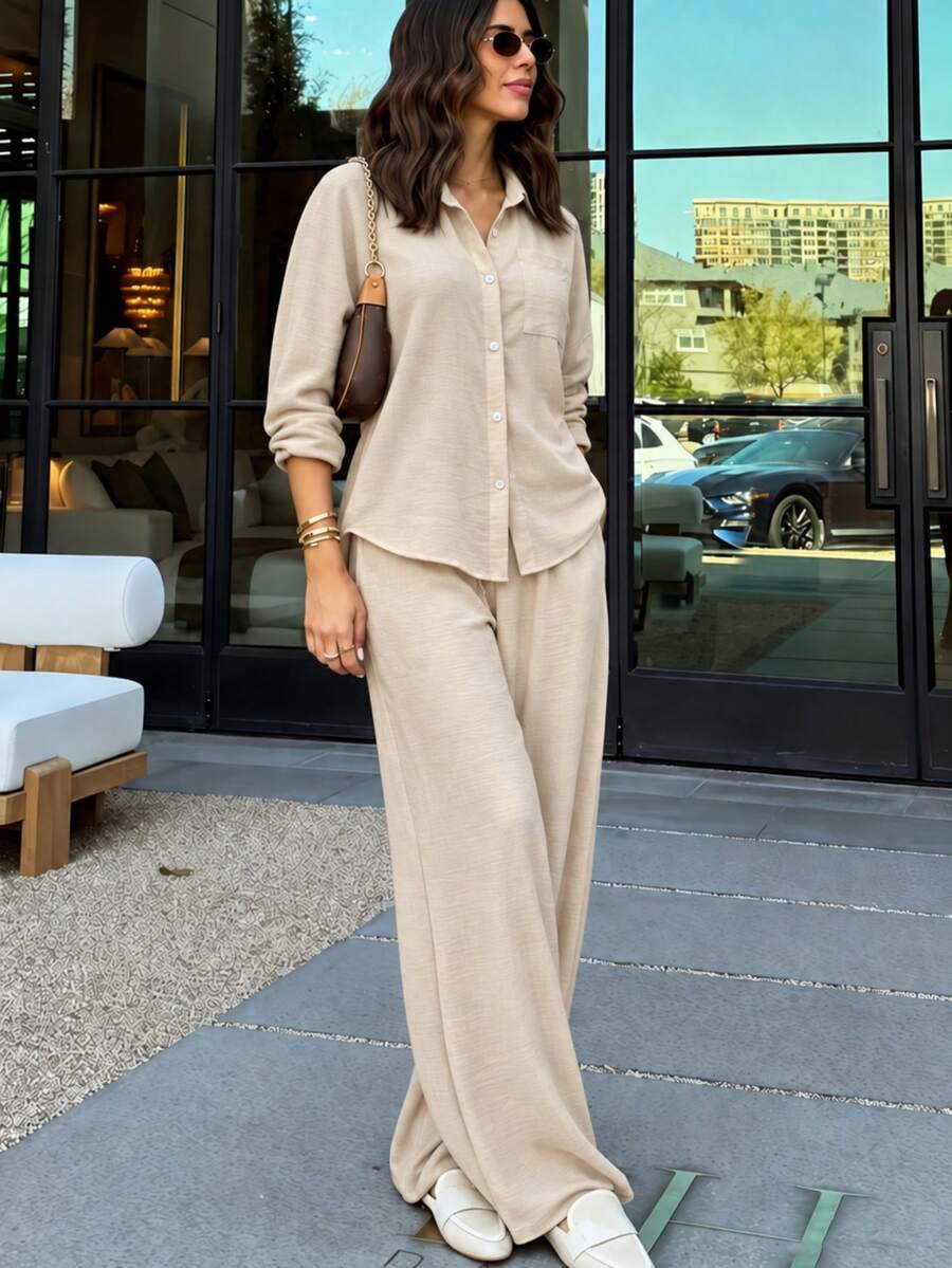 Women's Solid Color Loose Elegant High Waist Casual Linen Set, Loose Fit Flattering Slouchy Commute Vacation Outfit - Khaki - View 1