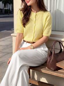 DONICY Women's Light Yellow Crew Neck Short Sleeve Button Knit Sweater Cardigan, Elegant Outfit For Spring Summer Casual Tops - Yellow - View 9
