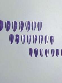 24pcs Y2K Style Short Oval French Cat Eye Press-On Nails Set, Acrylic Nails, Purple, Pink, Blue, Red And Macaron Colors - Multicolor - View 3