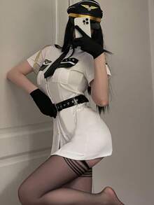 Women's Sexy White Pilot Captain Cosplay Costume Set, With Black Tie, Shoulder Epaulettes And Belt, Aviation Uniform Set - White - View 3