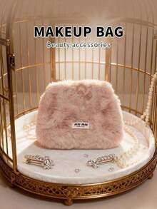 Grey Pink Faux Rabbit Fur Shell Zipper Makeup Bag, Soft Fluffy Woven MIU MIU Label, Sweet Style Cosmetic Storage Bag, Suitable For Daily Travel, Birthday Holiday Gift MIUMIU-GIFT-6 - Pink - View 2