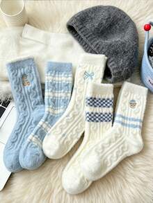 1/5/10 Pairs Of Mid-Calf Socks In Blue And White Colors, Featuring Mink Velvet With. Thickened Plush Socks For Autumn/Winter, With Cute Bear And Bow . Comfortable, Soft, And Girly Coral Socks - Multicolor - View 4