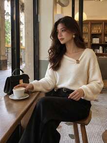 NOVELLE Women's Elegant Cream White One-Shoulder Faux Mink Knit Sweater, Slouchy Pullover, Suitable For Autumn/Winter Dating, Party, Daily Commute, Street Wear - Apricot - View 5