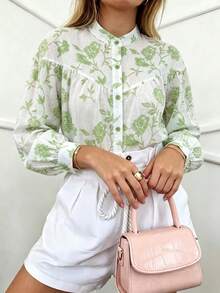 女款休閒花葉滿版印花立領前扣長袖襯衫，商務辦公居家度假適用，春秋冬季款 - 綠色 - 查看 1
