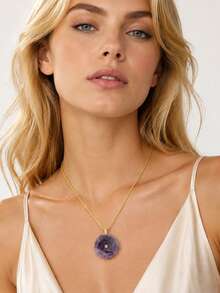 1pc Crystal Carved Rose Flower Necklace Pendant Natural Stone Amethyst Quartz Agate Handmade Jewelry Charm For Women H960 - Necklace - View 5