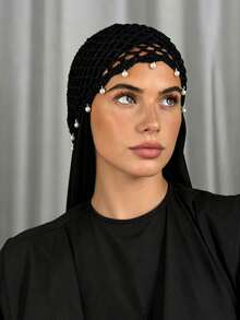 2pcs Muslim Hijab Set, 1pc Pearl Decorated Crochet Mesh Inner Cap + 1pc Chiffon Headscarf, Women's Islamic Headwear - Multicolor - View 3