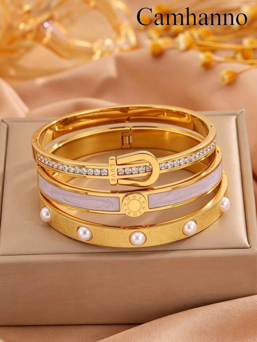 Camhanno 3/1pc Stainless Steel Plated 18K Gold Bracelet Set With Sand Faced Pearl For Women's Style, Handmade Set - Gold - View 1
