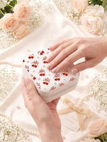 Cherry & Bow Style Jewelry Box For Women,PU Leather Portable Travel Jewelry Storage Box With 3 Necklace Hooks, Ring Storage Compartment,Gift Ideas - Cherry & Bow - View 5
