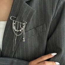 1pc Niche Design Vintage Punk Chain Brooch, Asymmetrical Crushed Stone Tassel Brooch, Cool Street Style Accessory - Silver - View 7