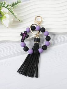 Cross Silicone Bead Bracelet Keychain, PU Tassel Wrist Key Ring, Colorful Beaded Bag Charm, Religious Faith Gift, Women's Bag Pendant - 428 - View 18