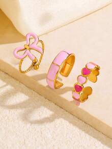 3pcs Stainless Steel Pink Fashion Elegant Versatile Geometric Bow Heart Bamboo Joint Rings Set Suitable For Women Daily And Holiday Wear - Multicolor - View 2