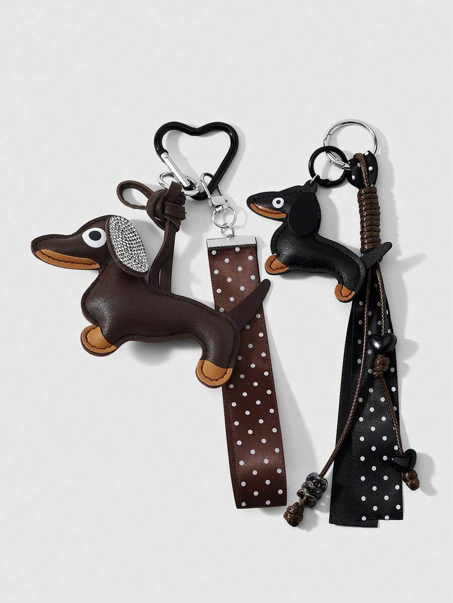 1pc Vintage Dachshund Keychain Polka Dot Heart Rope Pendant Bag Charm - Multicolor - View 1