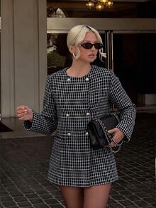 Women's Fashion Black Plaid Tweed Blazer, Double-Breasted Long Sleeve Regular Fit, Autumn Essential - Black and White - View 6