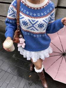 Apperloth A Elegant Ribbed Knit Sweater Tops Fair Isle Round Neck Loose Long Sleeve Pullover For Women Fall/Winter Casual Daily Going Out Thanksgiving Outfits - Multicolor - View 4