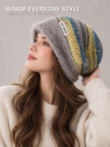 Women's Multi-Color Striped Loose Knit Beanie, Soft & Warm Winter Casual Street Style Headwear - Hat - View 4