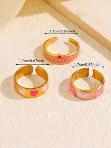 3pcs Stainless Steel Pink Personalized Elegant Geometric Bamboo Joint Heart Rings Set, Suitable For Women's Daily, Holiday, Date, Shopping Wear - Multicolor - View 5