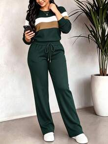 Spring/Autumn Women's Fashionable Home-Style Casual 2 Pieces Set, Colorblock Long Sleeve Top With Solid Color Drawstring Pants, Slimming And Flattering, Comfortable For Daily Wear, Street, Sports, Airport Outfits - Dark Green - View 2