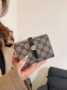 Women's 3-Fold Flap Snap Short Black Classic ID Card Holder, Anti-Theft Bank Card Wallet, Transit Card Wallet, Fashionable Retro Short Wallet - Black - View 5