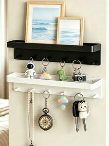 1pc Wall-Mounted Key Rack, Strong Adhesive Key Holder With 6 Hooks, Kitchen Storage Rack, Bathroom Organizer, Multifunctional Space Saving Wall Hanger For Keys, Clothes, Umbrella, Hallway Entryway Decor, Easy Install (Black, White) - Multicolor - View 1