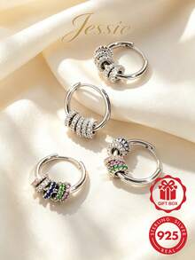 Jessie Jewelry 1 Pair Elegant 925 Sterling Silver Cubic Zirconia Double Hoop Earrings For Women, Perfect For Date, Party, Wedding - One Size - View 1