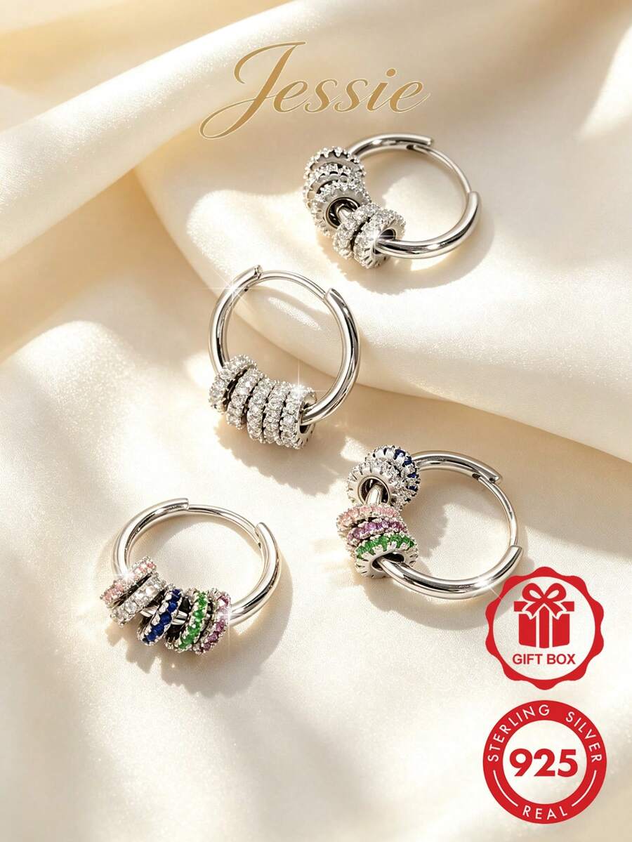 Jessie Jewelry 1 Pair Elegant 925 Sterling Silver Cubic Zirconia Double Hoop Earrings For Women, Perfect For Date, Party, Wedding - One Size - View 1