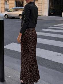 Women's Leopard Print Mermaid Maxi Skirt, Bodycon Fishtail Flared Hem Animal Print Y2K Street Style Long Skirt - Coffee Brown - View 2