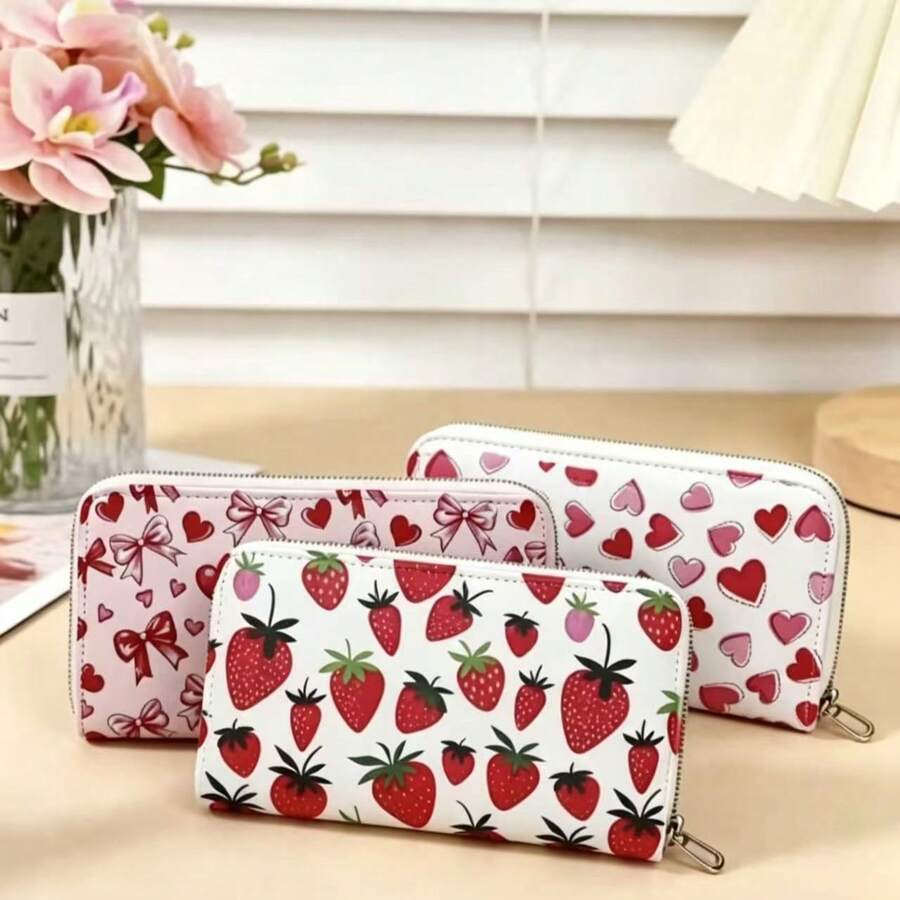 Women's Cute Pink Bow & Heart Print Long Wallet, PU Leather Zipper Clutch, Multi-Card Slot Design, Large Capacity, Suitable As Gift For Girls - Multicolor - View 1