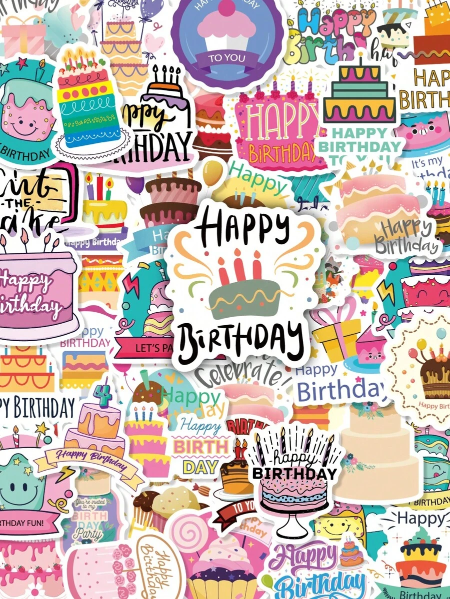 50Pcs Aesthetic Birthday Cake Stickers For Kids, Colorful Cartoon Cupcake & Balloon Decals For Party Decor, Stickers For Laptop, Water Bottle, Phone Case & Journal Decor - Multicolor - View 1