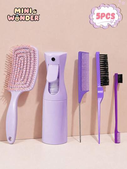 Set de 5 piezas para peinar el cabello de niños, adecuado para adolescentes de 9 a 14 años, incluye peine de masaje desenredante hueco, botella rociadora de niebla fina continua, peine puntiagudo de cola de acero, peine de cerdas de jabalí para peinar, peine de doble cara para cejas. Fácil de manejar el cabello largo, suave sin tirar, adecuado para el hogar, trenzado, peinado, maquillaje, disponible en múltiples colores, esquema de colores macaron minimalista, set de herramientas de peinado portátil, excelente para el cuidado diario del cabello de los estudiantes.